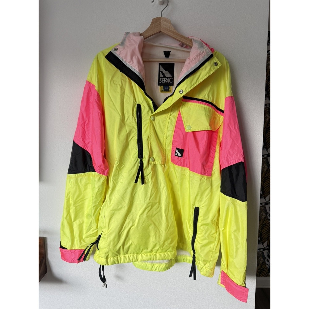 Retro SERAC Ski Anorak Jacket Mens Black Neon Yellow Pink Color block 80s 90s